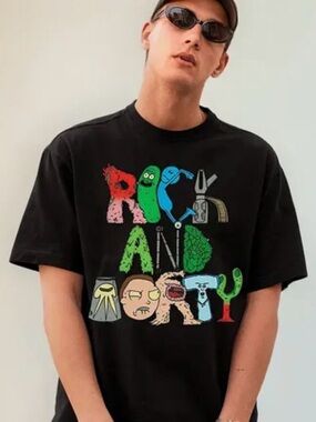 NWOT Rick & Morty Black Graphic T-Shirt with Colorful Cartoon Lettering